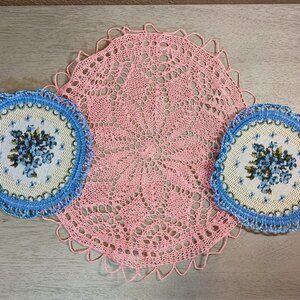 Vintage Pink Lace and Pair of Blue Floral Cottagecore Doilies